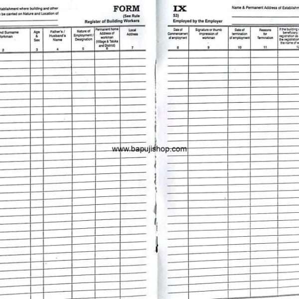 Bapuji Form IX Account Book Register of Building Workers Employed by Employer Rule 53 Under Contract Act State