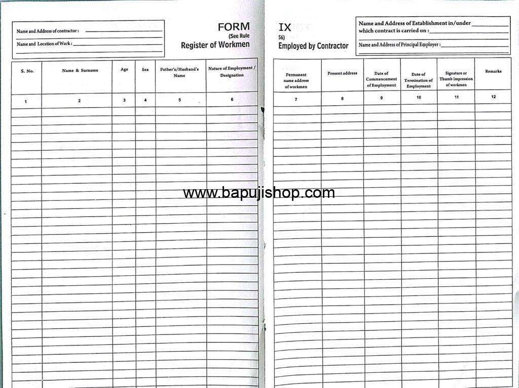 workmen register form 9 format