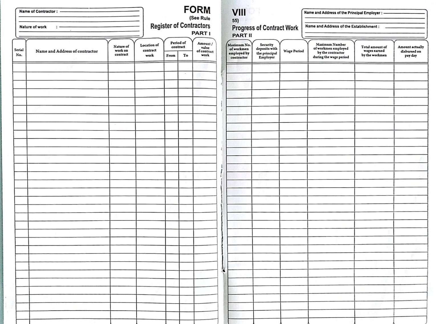 Register of Contractors Form VIII New Format Contract Labour Act