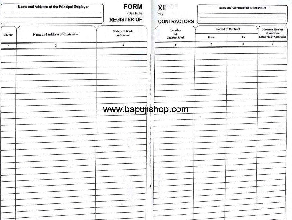 Register of Contractors in Form xii