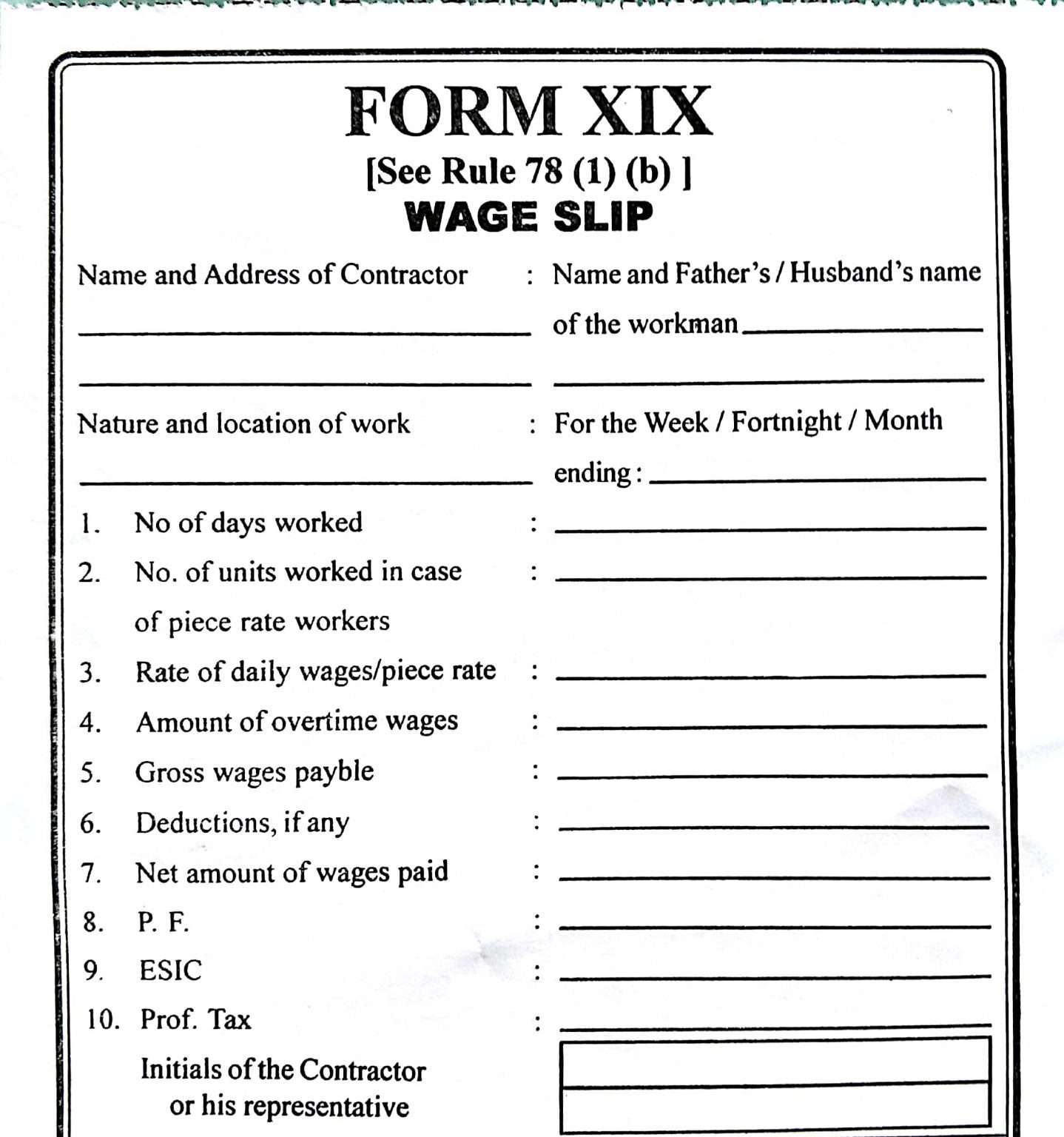 wage slip in form xix format