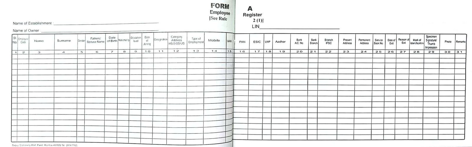 Get Form A Employee Register Bapuji Stationery (since 1948)