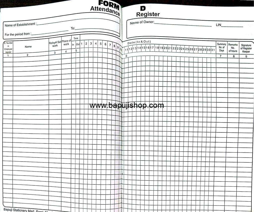 Form D Attendance Register format