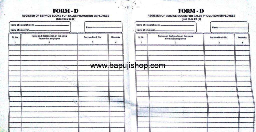 Form D Register of Service books for Sales Promotion Employees Rule 23(c)