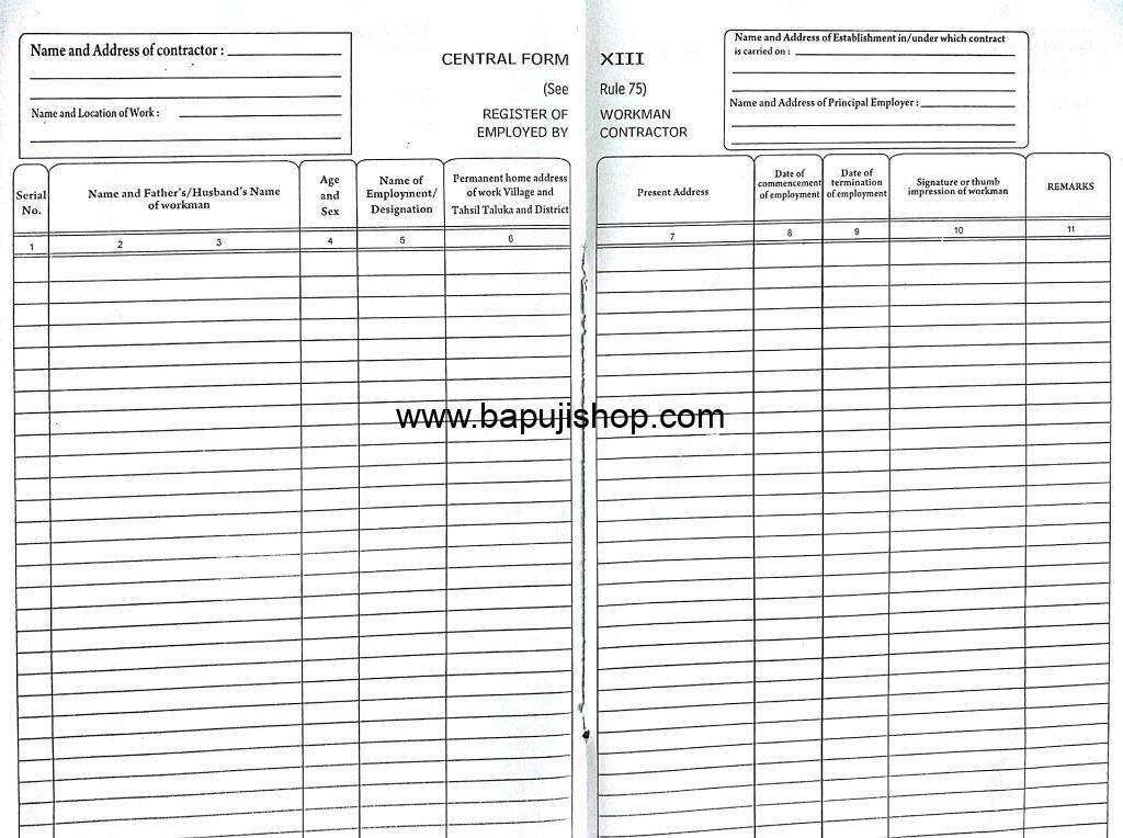 Workmen register form 13