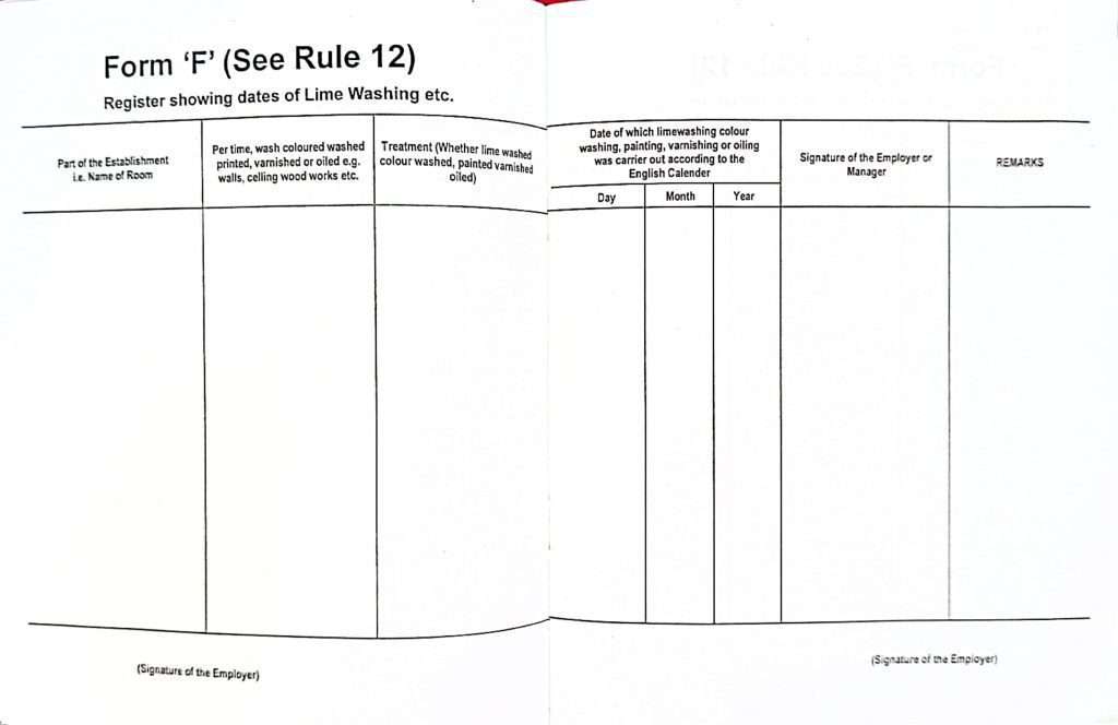 Register of lime washing in form F
