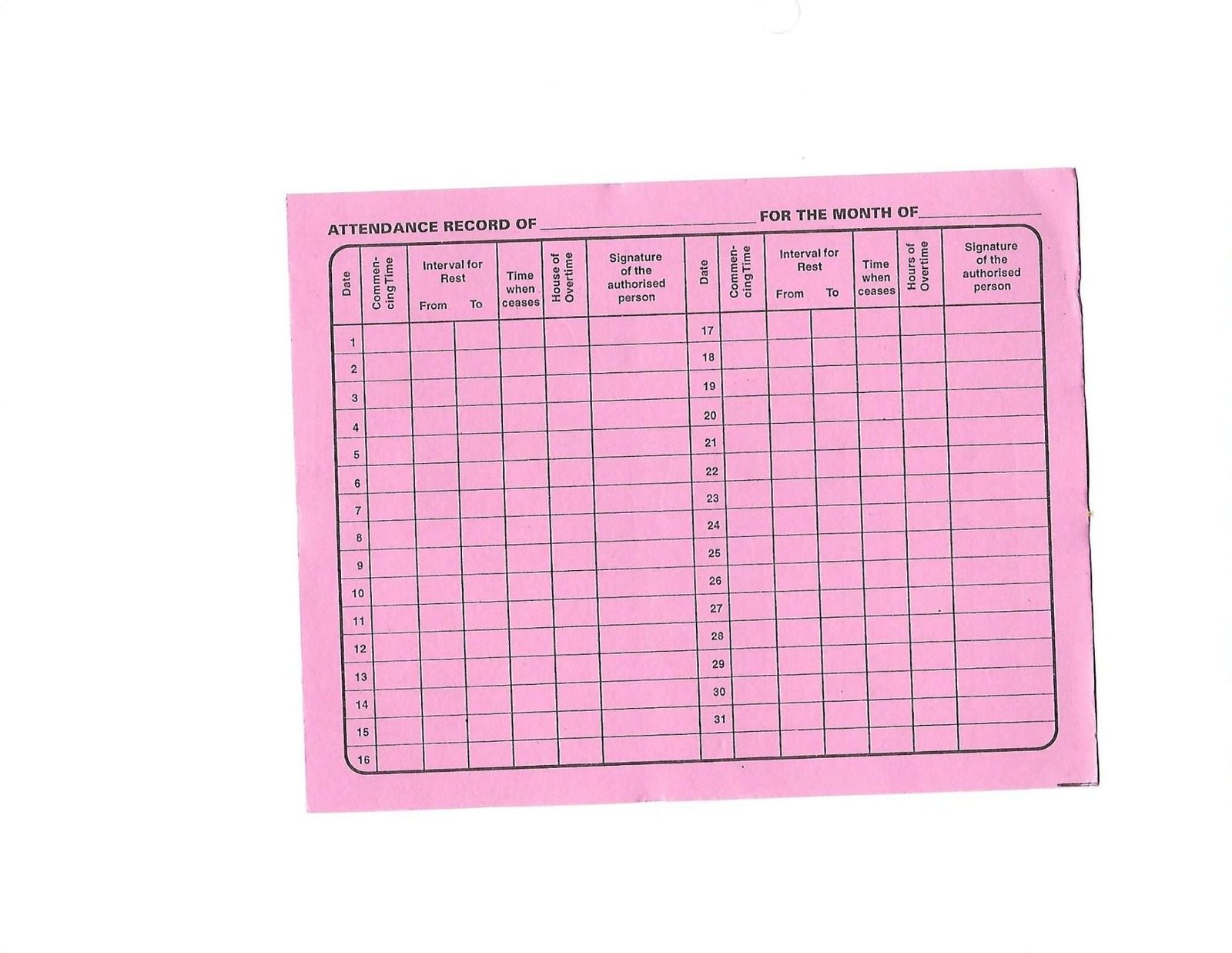 Muster Card for Worker - From Bapuji Stationery Mumbai