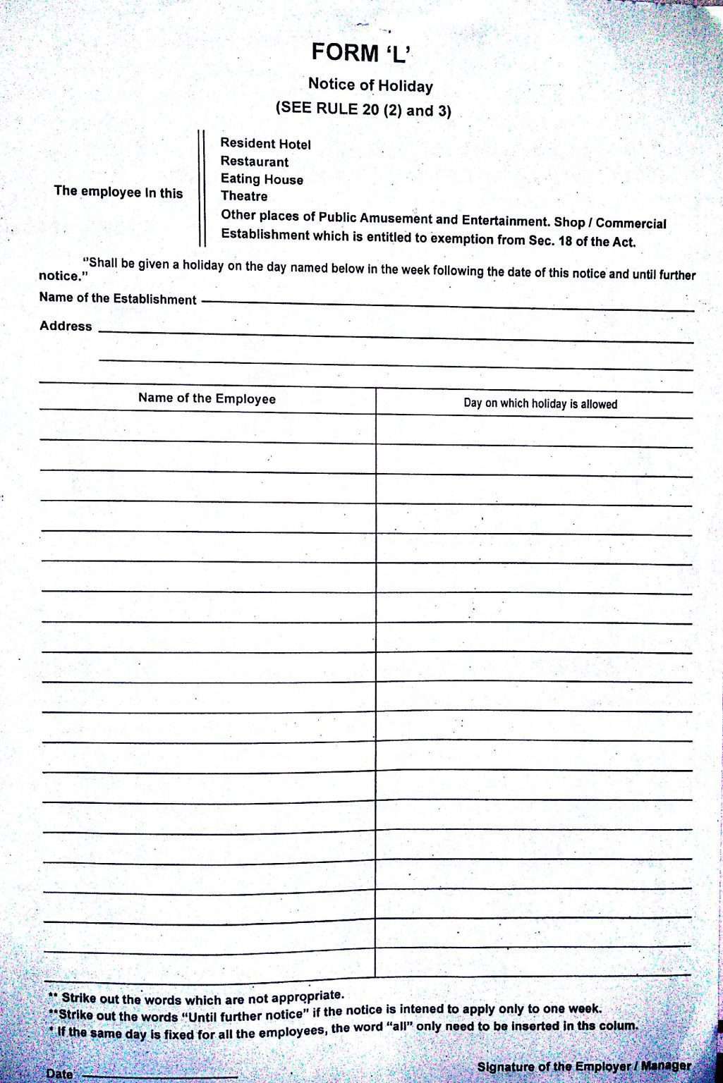 Form L Notice of Holiday