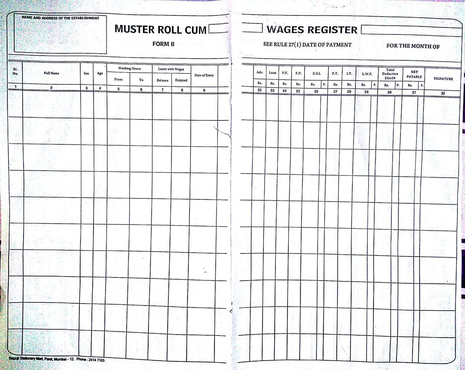 Muster roll cum wage register Bapuji best stationery(since 1948)