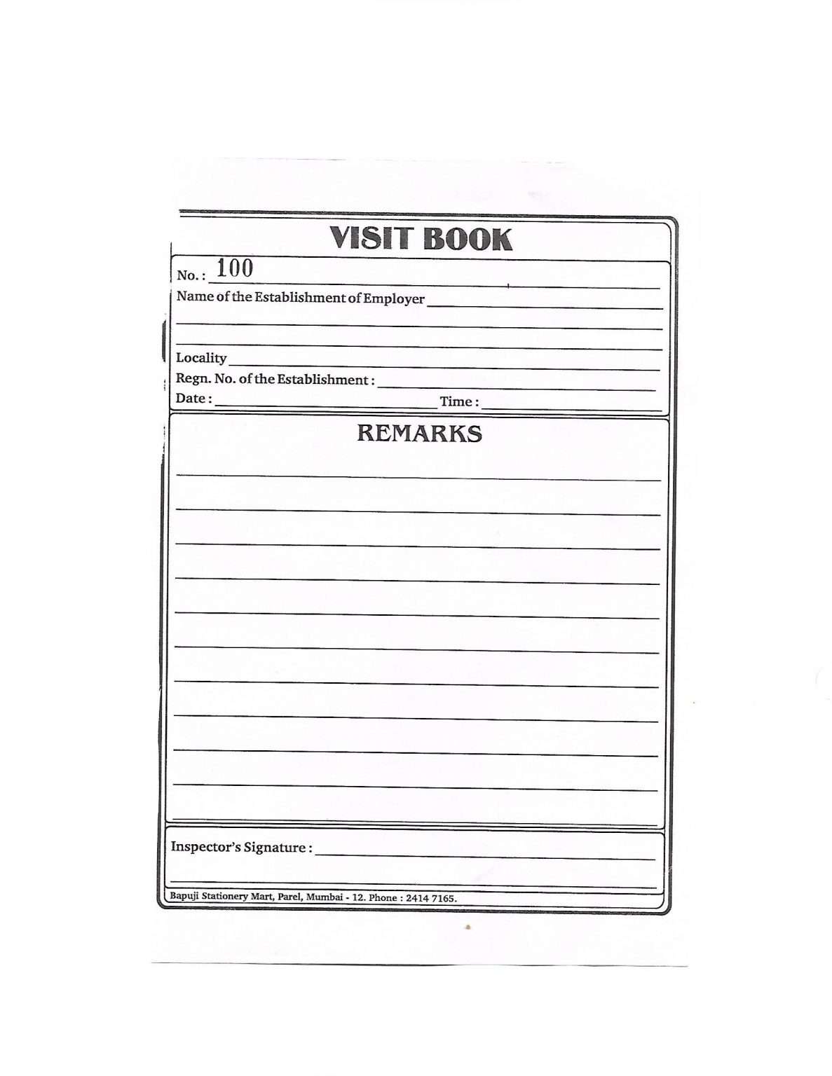 Inspection visit book