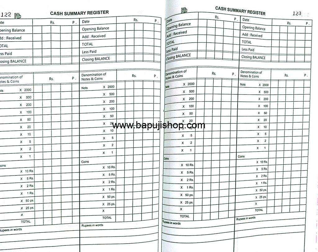 Cash Summary Register used for Banks