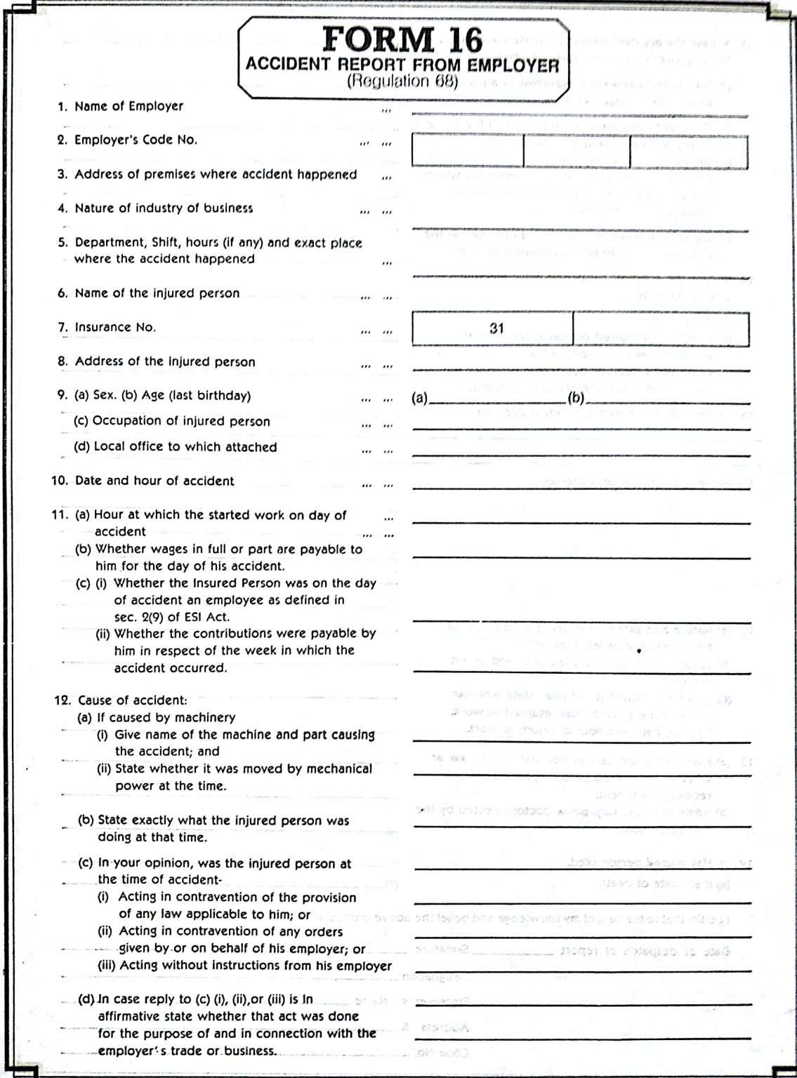 Form 16 Accident Report from Employer