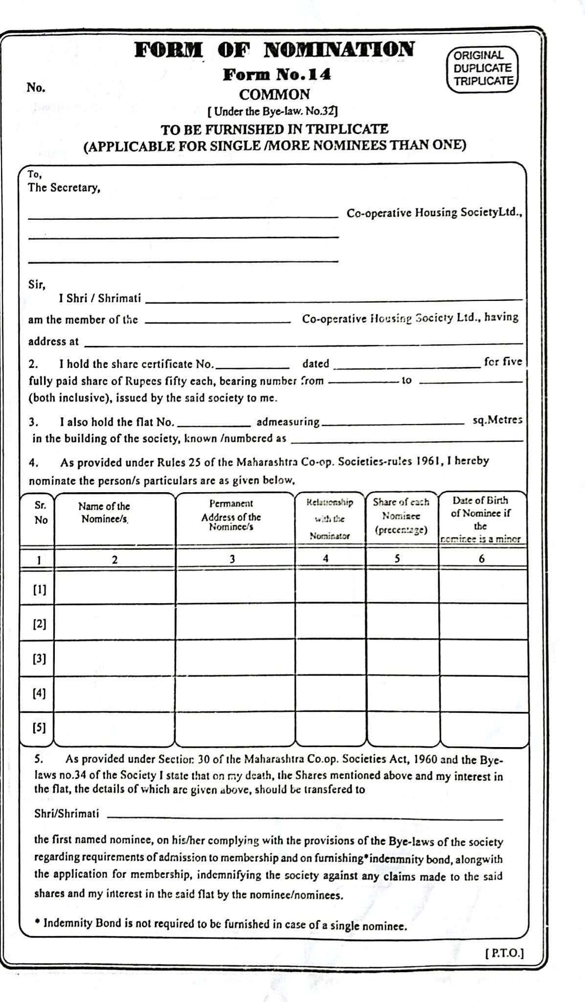 Form of Nomination No.14 Common under Bye-Law 32