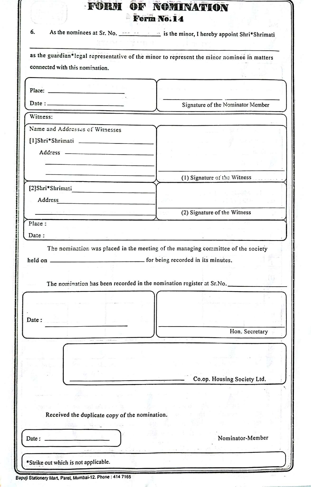 Form of Nomination No.14 Common under Bye-Law 32