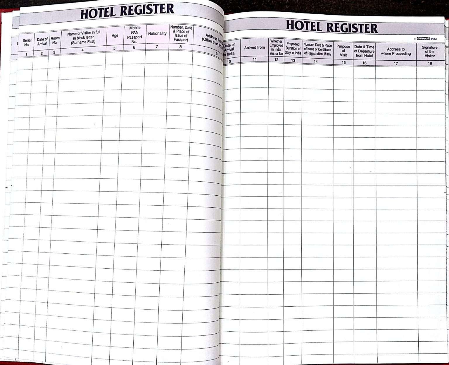 Hotel Guest Entry Register Book 204 pages New Format for India