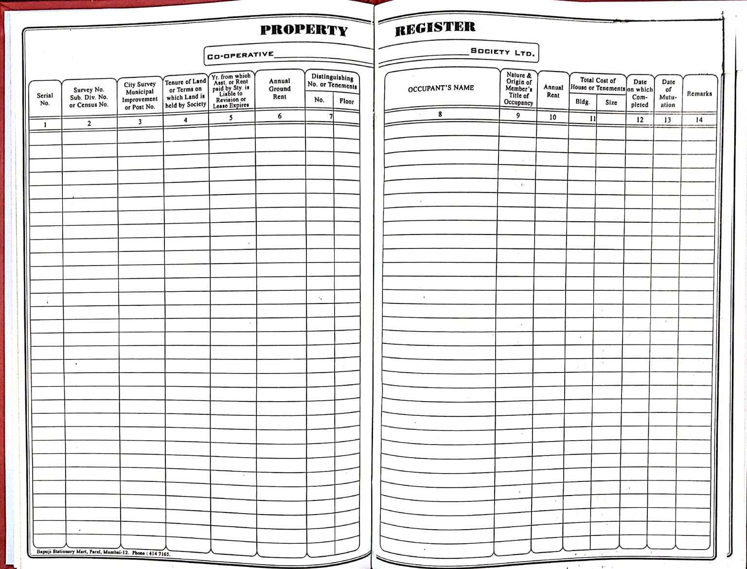 Property Register Sample New Property Register for Society - Bapuji best (since 1948)