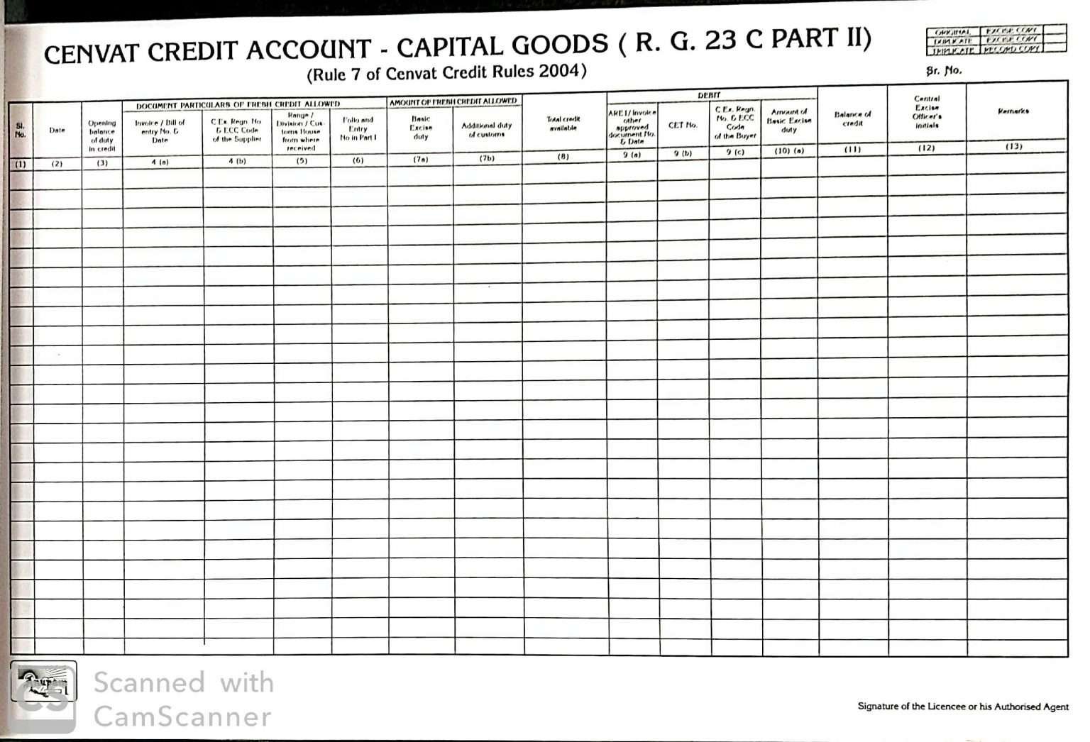 RG 23c part ii Register of Excise Entry Book for taking credit of Duty paid