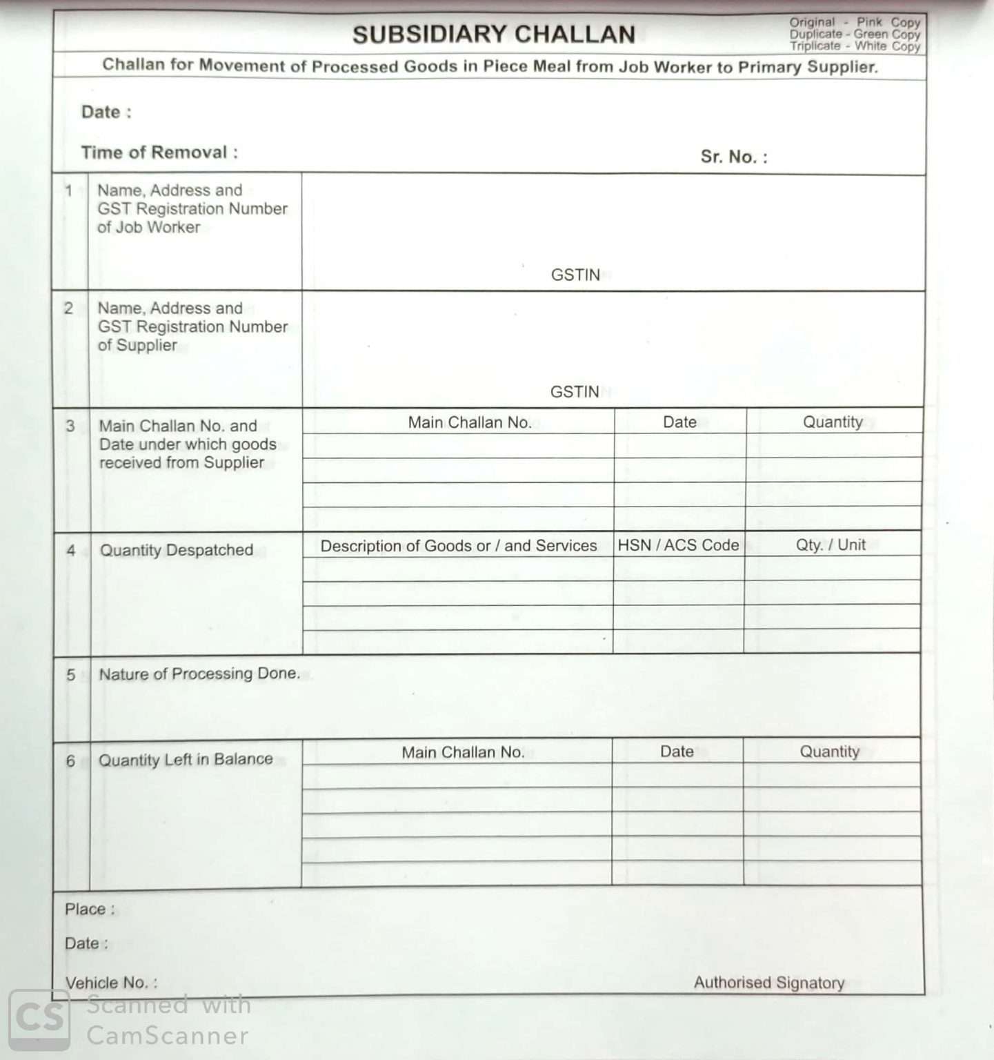 Subsidiary Challan Job Work
