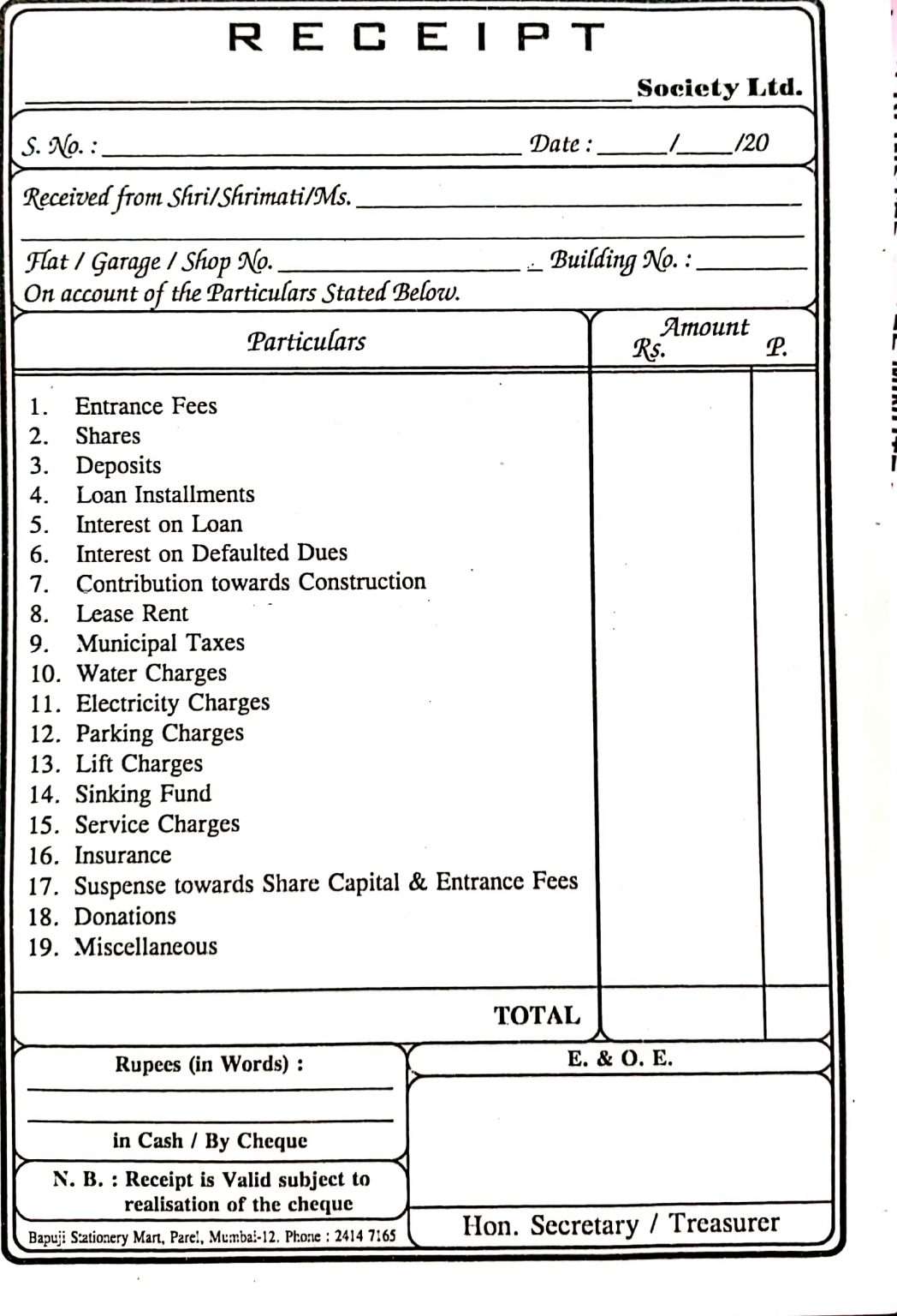 society maintenance receipt book format